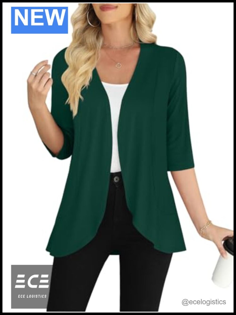 Womens Open Front Cardigan 3/4 Sleeve Lightweight Rayon Blend Ruffled